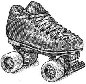 Illustration of a roller derby skate. Low cut side-by-side quad skate with toe stop.